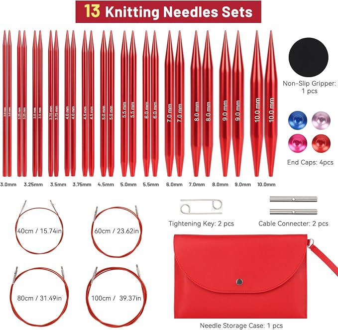 Aeelike 13 Pairs Interchangeable Knitting Needles Set 3-10.0mm, Cherry Red | Aluminum Interchangeable Knitting Needles with 4 Cables, Smooth Complete Needles Set for Socks Blankets Sweaters, Ideal Gift