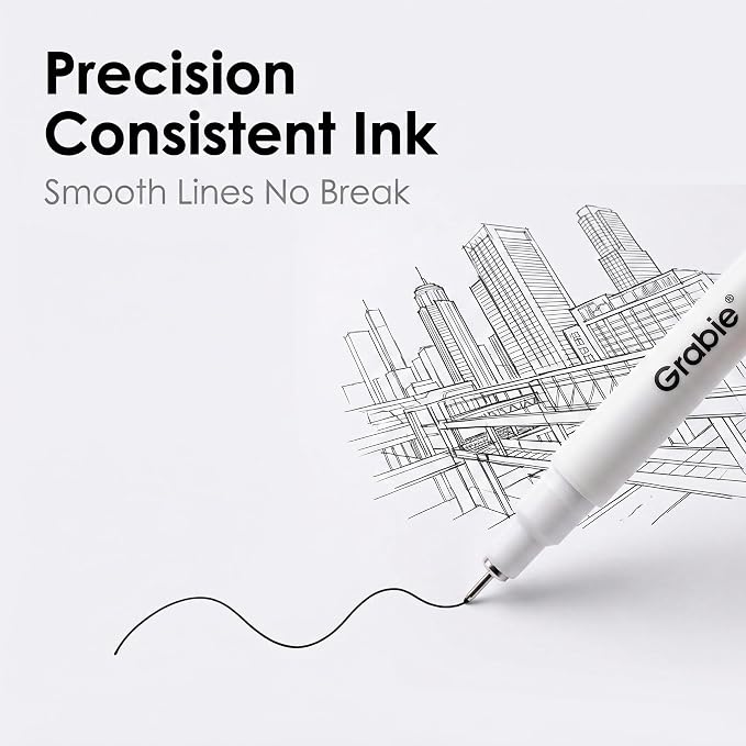 Grabie Micro Fineliner Pens, 6 Black Waterproof Drawing Pens | Waterproof Pigment Ink, 6 Assorted Tip Sizes, Precision Fine Lines, Metal-Clad Nibs, Smooth Ink Flow, Smudge Resistant