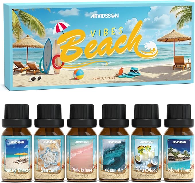 ARVIDSSON Beach Fragrance Oils Set, Summer Essential Oils for Diffuser - Beachy Breeze, Ocean Air, Pina Colada, Pink Sand, Sea Salt, Island Time, Tropical Scented Oil for Home, Candle Making