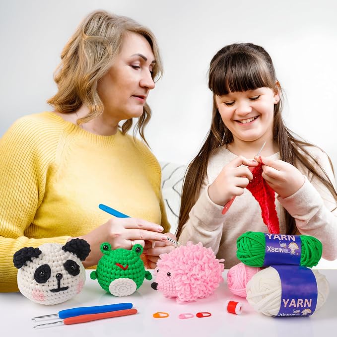 XSEINO Crochet Kit for Beginners - Crochet Start Kit with Step-by-Step Video Tutorials - Learn to Crochet Kits for Adults and Kids - Panda, Frog, Hedgehog