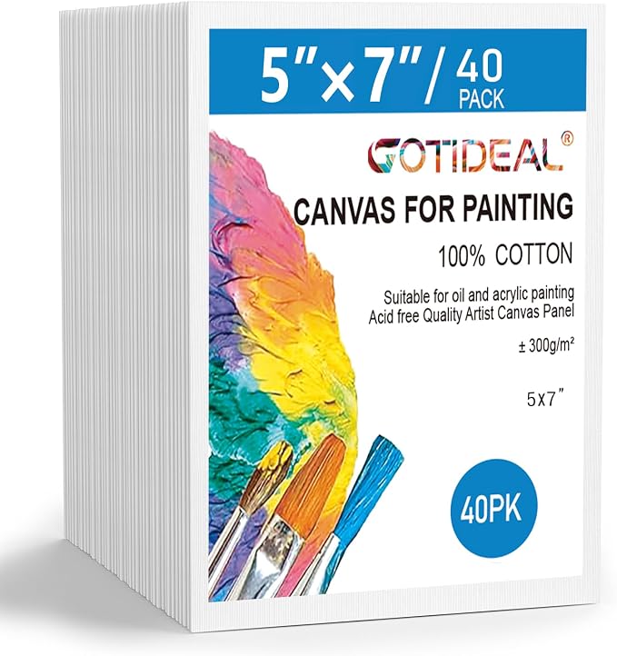 GOTIDEAL Bulk Canvases for Painting, 5 x 7 inch Value Pack of 40 | Gesso Primed White Blank Canvas Boards, 100% Cotton Art Supplies Canvas Panel for Acrylic Paint, Pouring, Oil Paint, Gouache
