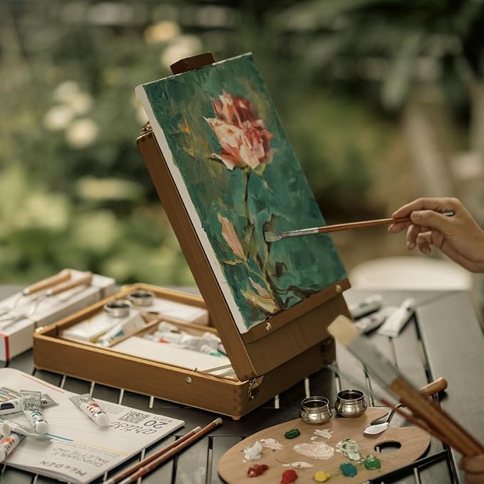MEEDEN Table Top Easel for Painting: Portable Tabletop Easel with Storage | Wood Easel for Adults - Sketch Box Easel for Students Artist Beginner - Art Desk Easel for Plein Air Walnut 15"x10.5"