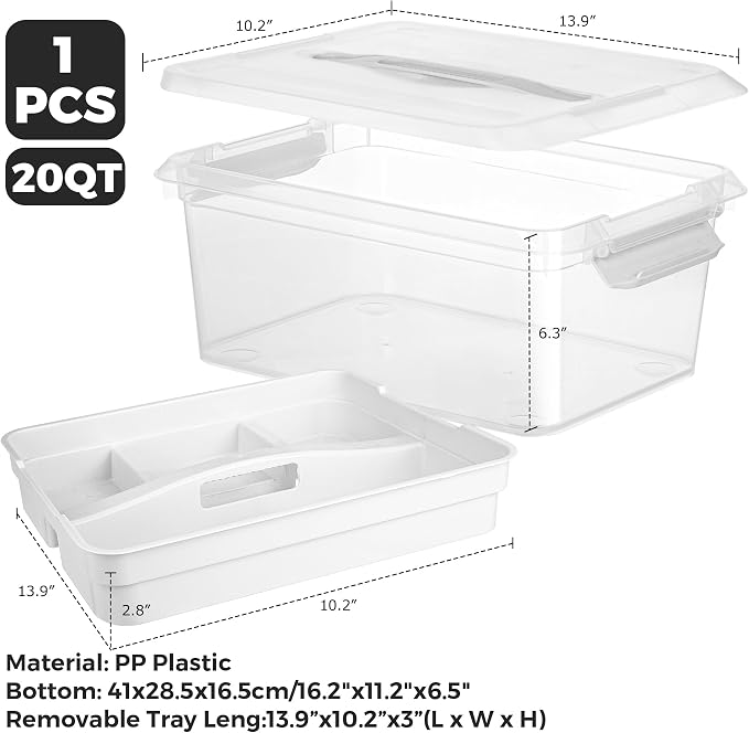 CraftGenes 20 QT Clear Craft Box Organizer with Removable Tray, 1-Pack