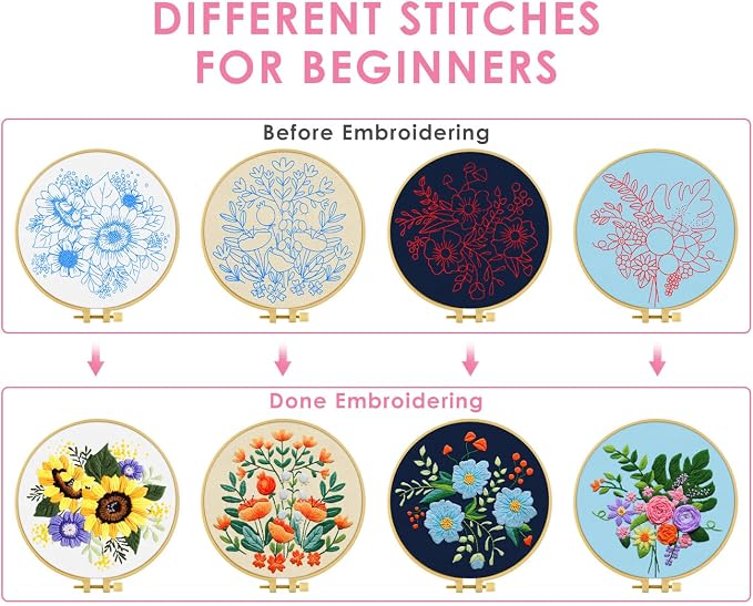 TINDTOP 4 Sets Embroidery Kit for Adults, Floral Embroidery Practice Kit for Beginners Include Embroidery Cloth Hoops Threads for Craft Lover Hand Stitch with Embroidery Skill Techniques