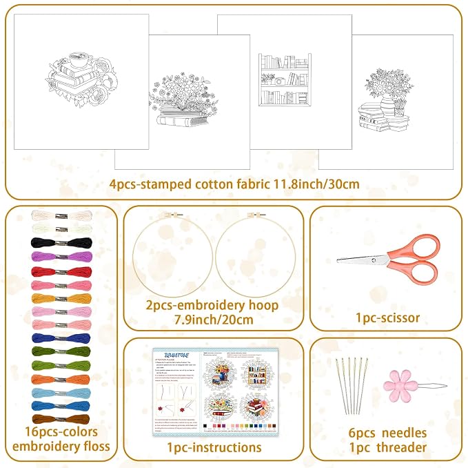 BEUNITONE 4 Set Book Flower Embroidery Kit for Adult Beginners 7.9x7.9 DIY Cross Stitch Kits Needlepoint Starter Kit with Pre-Printed Design and Hoops, Stamped Embroidery Kit for Home Ofiice Decor