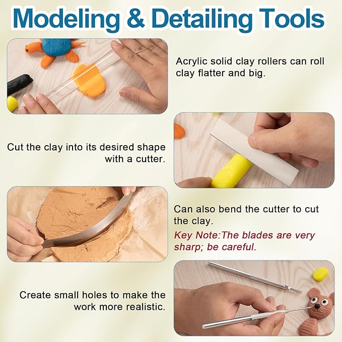 Amrules 12 Pcs Polymer Clay Tools Kit, Acrylic Rollers & Cutters for Adults | Sturdy Carbon Steel & Acrylic, 4 Sheets, 2 Rollers, 4 Cutters with Case & Texture Tools, for Shaping, Carving & Crafts