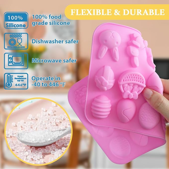 HKNMTT Easter Silicone Candy Mold 2-PACK 9 Shaped Egg Rabbit 72 Cavities Chocolate Mould Wax Melt Tray for Gummies Cupcake Decor Kids Holiday Gift Fudge Making Set
