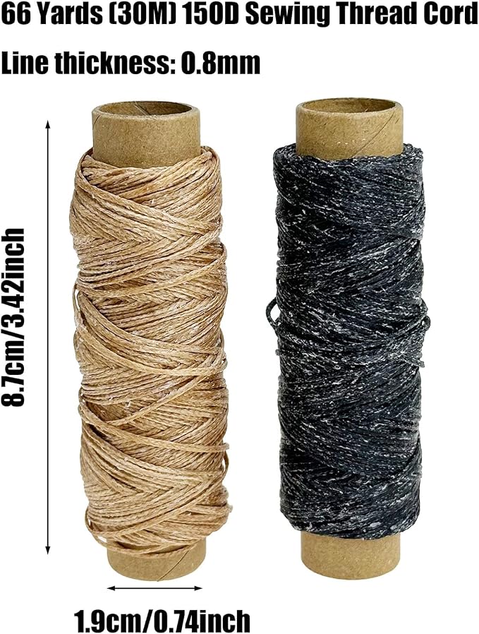2 PCS Leather Sewing Waxed Thread, Each of 33 Yards 150D Sewing Thread Cord for Leather Craft DIY Supplies, Shoes Repairing, Black and Khaki