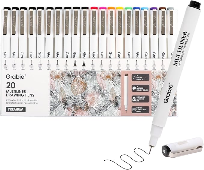 Grabie Micro Fineliner Pens, Set of 20 Multicolor Waterproof Drawing Pens | Waterproof Pigment Ink, Assorted Tip Sizes, Precision Fine Lines, Metal-Clad Nibs, Smooth Ink Flow, Smudge Resistant