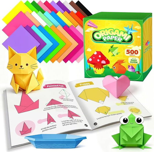 IOOLEEM Origami Paper Kit, 500 Sheets 20 Colors, Double Sided Colored Blank Folding Paper Set with Step-by-Step Instructions, Origami Kit for Art & Craft Supplies