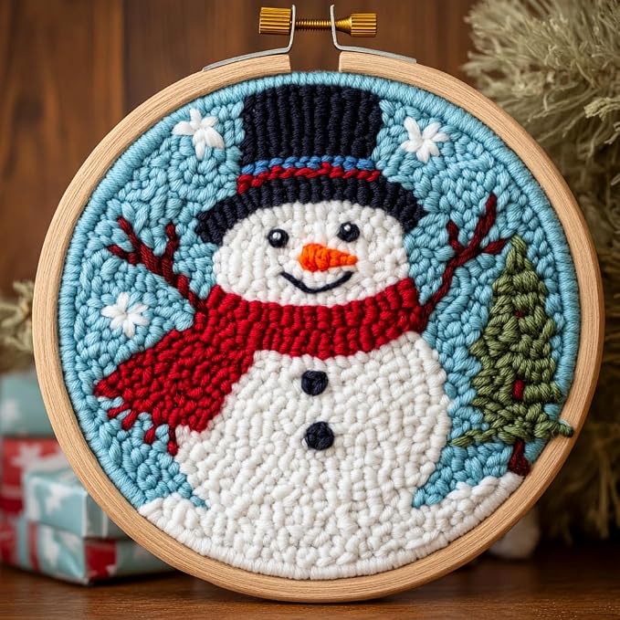 DIY Punch Needle Kits Christmas Snowman Winter Snow with Hoop 20x20cm-2