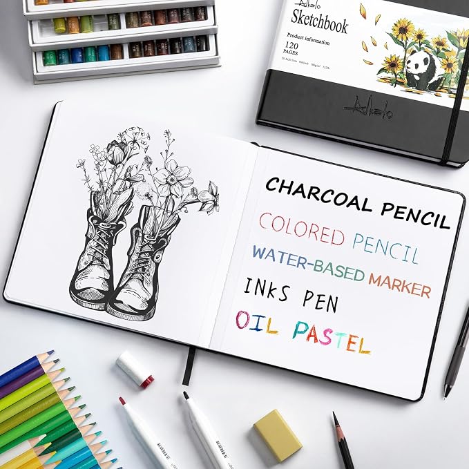 Sketchbook for Drawing, 120 Pages Sketch Book, 122LB/180GSM Thick Paper | Mixed Media Sketchbook for Charcoal Pencil, Inks Pen, Colored Pencil, Acrylic Marker, Oil Pastel