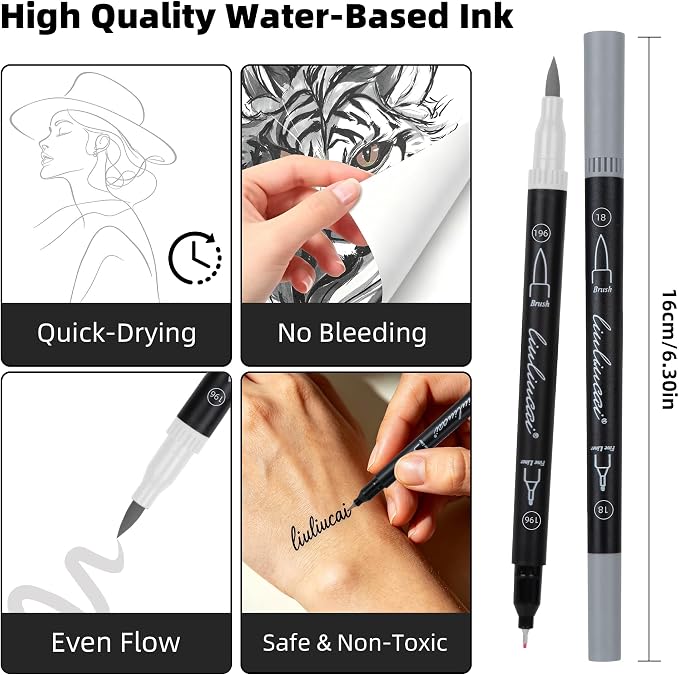LIULIUCAI 10 Gray Dual Markers, Fine & Brush Tip Pen for Adult Coloring