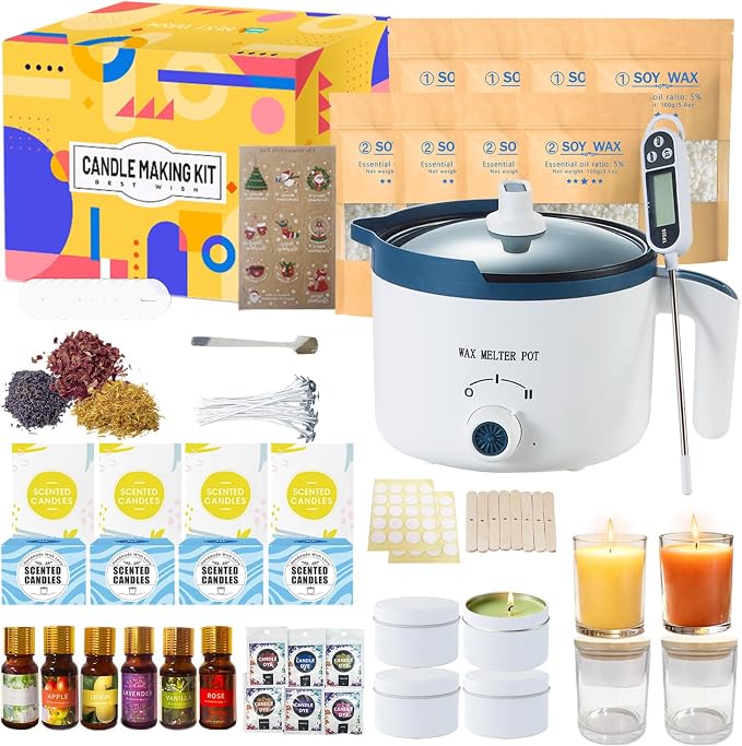 DIY Scented Candle Making Kit for Adults with Glass Jars | Pro Candle Maker Set with Wax Meling Pot and Thermometer, Dried Flowers, Pleasant Scents, Color Dyes & More