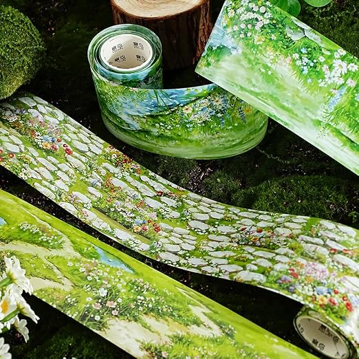 4 Rolls Grassland Lawn PET Tape Stickers for Journaling Scrapbook Washitape Flower Grass Pebble Path PET Washi Tape Set Green Plants Landscape Decorative Washi Tapes Scrapbooking Journal Supplies