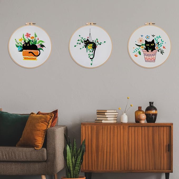 Nuberlic 3 Pack Embroidery Kit for Beginners with Cat Pattern