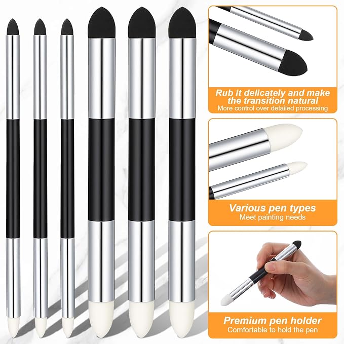 6 Pcs Artist Blending Sponge Pens, Dual Tip Universal Blendings Sponge Pen, Reusable Sketch Wipe Drawing Art Blendings Pen Brush Oil Pastel Blending Tools for Artist Highlight Shadow Detail Correcting