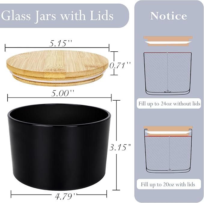 CONNOO 6 Pack 24oz Matte Black Glass Candle Jars with Airtight Bamboo Lids