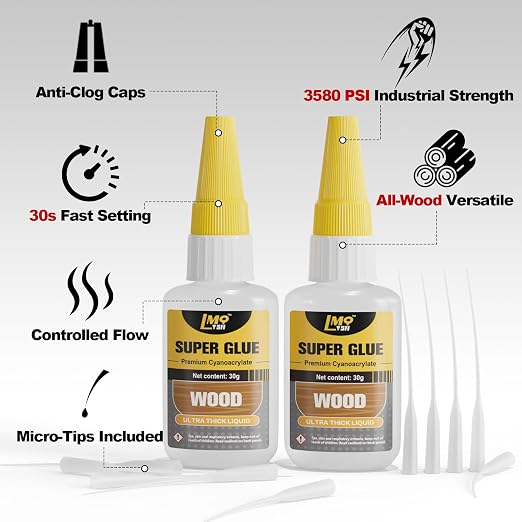 Wood Super Glue 60 Gram Clear Instant CA Glue for Woodworking Wooden Crafts Carpenters & Hobby Models, Heavy Duty Wood Furniture Repair for Chairs, Cabinets Strong All Purpose Cyanoacrylate Adhesive