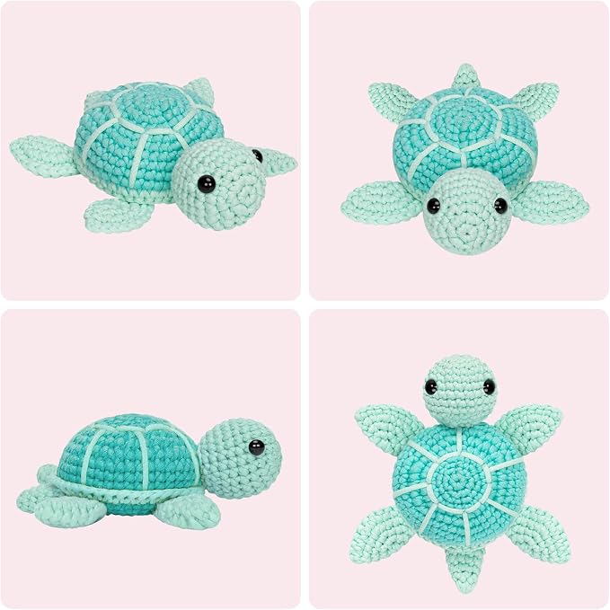 Mewaii Blue Sea Turtle Crochet Kit for Beginners, 40% Extra Yarn | Video Tutorial, Pre-Started Piece, Gift Box, Level 1 Starter Kit, Family Craft for Adults, Kids & Beginners