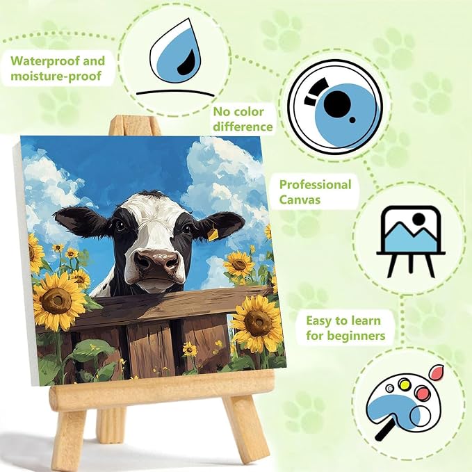 ajepon Cow Paint by Numbers Kit for Kids with Frame - Highland Cow Paint by Number for Kids, Kid Painting by Number Kits Age 6-8 for Home Wall Decor 8X8inch (with Wooden Easel)