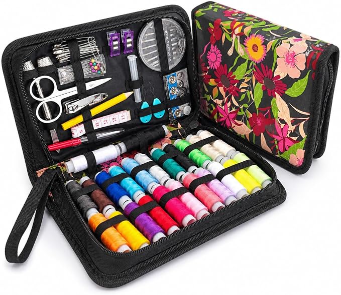 VelloStar Sewing Kit for Adults, Floral Needle and Thread Travel Repair Kit | Complete sewing kit with 24 thread colors, 30 needles, scissors and a seam ripper for quick clothing repairs