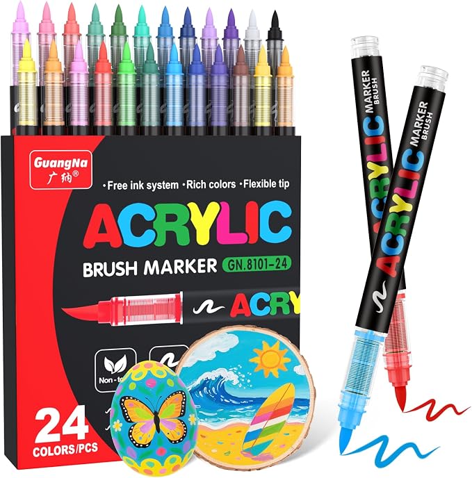 Guangna Acrylic Paint Markers Brush Tip, 24 Vivid Colors with Direct-Liquid Ink Control System, Professional-Grade Paint Pen for Rock Painting, Canvas, Glass, Plastic, Fabric, Eggs