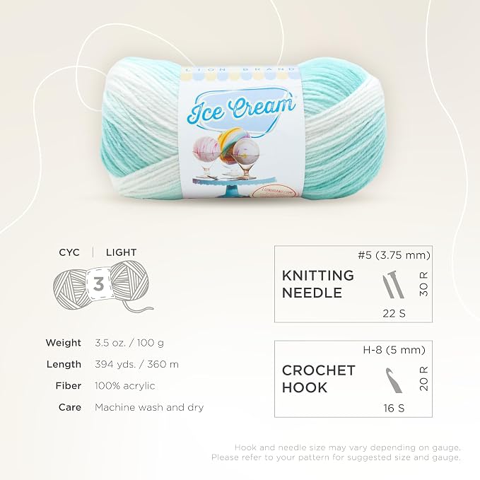 Lion Brand Yarn, Ice Cream Crochet Yarn, Mint, Green, 3 Pack