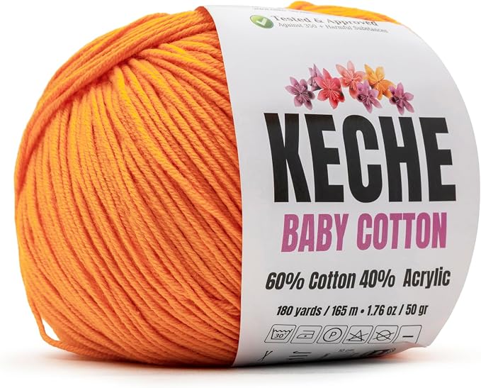 Keche Baby Cotton, 60% Cotton 40% Acrylic Yarn, Soft Cotton Yarn for Crochet and Knitting, Amigurumi Yarn 1 Skein/Ball 1.76 Oz (50g) / 180 Yrds (165m) - Pumpkin