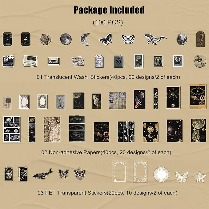 Esweny 100 PCS Vintage Ephemera Pack Journaling Scrapbooking Supplies Scrapbook Sticker Paper Kit for Junk Journal Planners Collage Craft Notebooks Decoupage Album (Space)