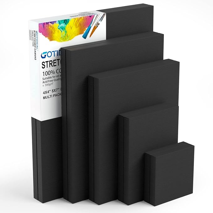 GOTIDEAL 10Pcs Black Canvases, Multi Pack 4x4, 5x7, 8x10, 9x12, 11x14 | Stretched Canvases, Set of 10, Primed 100% Cotton, Artist Blank Canvas Boards for Painting, Acrylic Pouring, Oil Paint Art