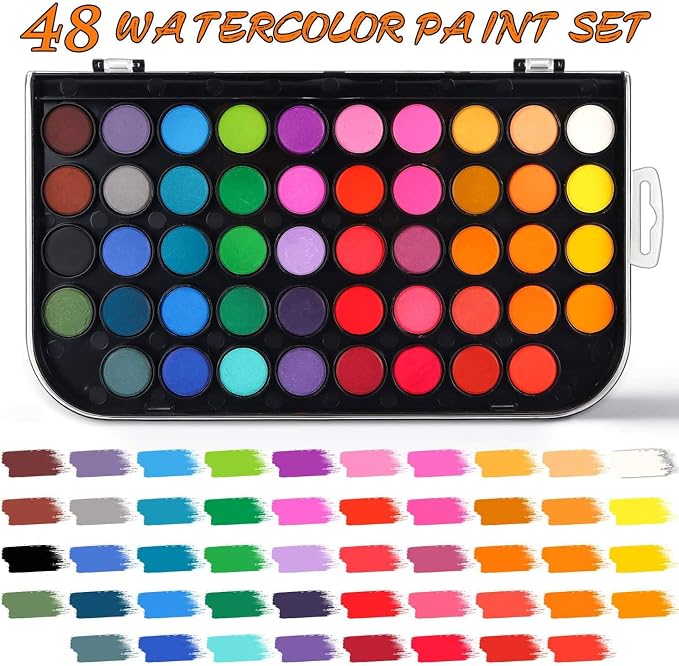Watercolor Paint Set, 48 Colors Non-Toxic Watercolor Paint with a Brush, Refillable Water Brush Pen and Palette, Washable Water Color Paints Sets for Kids, Adults, and Artists