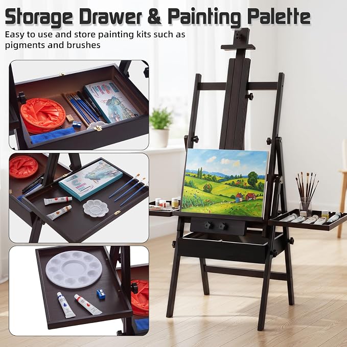 Beech Wood H-Frame Easel for Painting with Tray & Drawer, Walnut