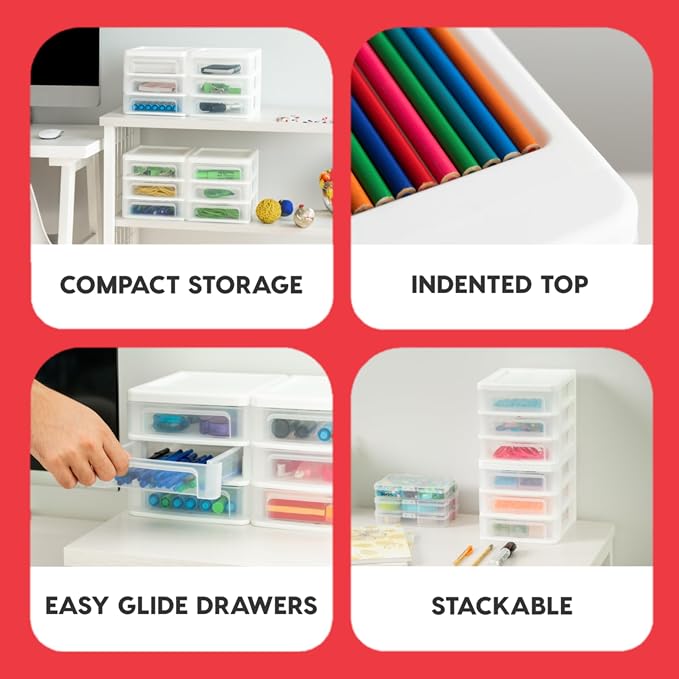 IRIS USA 4-Pack 3-Drawer Small Desktop Organizer, Stackable, White