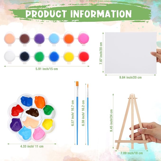 Qilery 12 Set Canvas Painting Kit, Mini Canvas with Wooden Easels Acrylic Paints Strips, Brushes, Palette, Art Set for Acrylic Oil Watercolor Adults Birthday Party Favors(8 x 10 Inch)