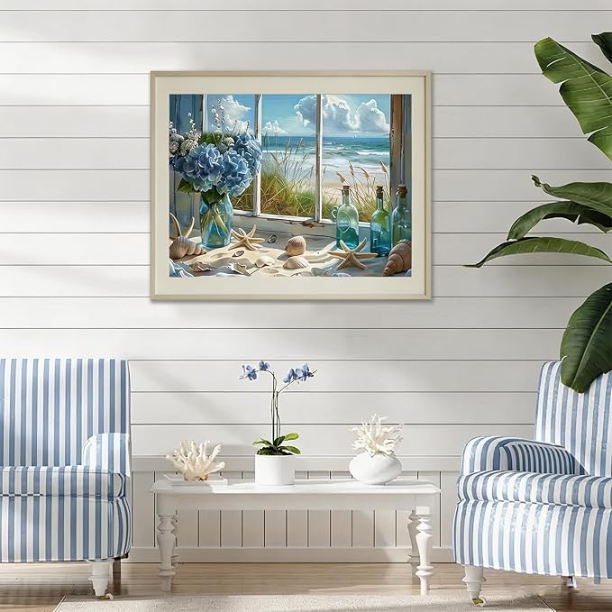CHWGLFGG 5D Beach Window Diamond Art Kits for Adults Beginners 12x16in | Blue Hydrangea Flower Diamond Painting Kit DIY Full Round Drill Paint by Diamonds Dot Gem Art for Adult, Home Wall Decor