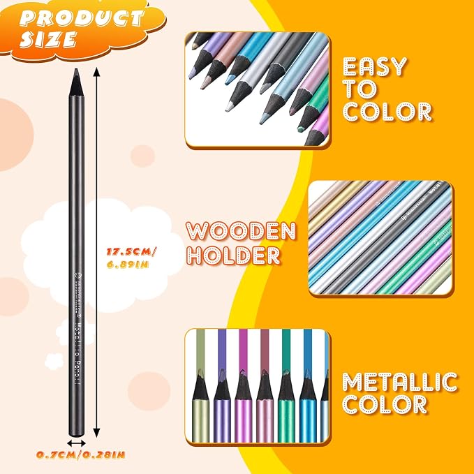 Zhehao 24 Pcs Metallic Colored Pencils, Glitter Colored, 12 Colors
