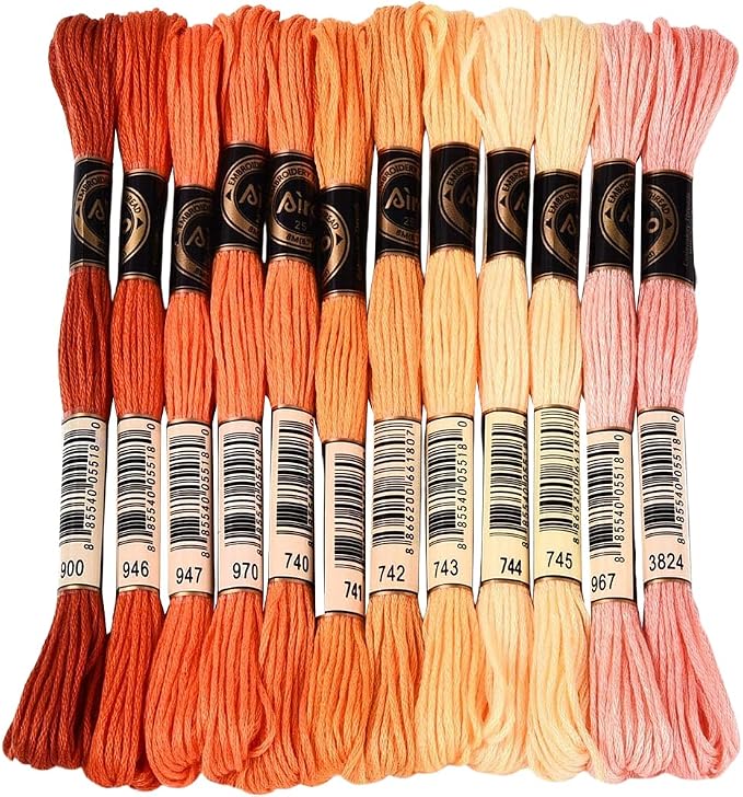 105 Yards 12 Skeins Gradient 6 Strands Orange Red Variegated Embroidery Thread Friendship Bracelet String Polyester Cross Stitch Floss Threads Assorted Bulk Set for Hand Sewing Making Supply