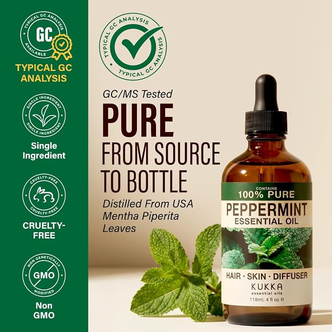 100% Pure Peppermint Essential Oil 4 Fl Oz - for Hair, Skin and Diffuser | Undiluted Mint Oil, Steam Distilled, GC/MS Tested, Non-GMO - for Aromatherapy, Scalp Care, Massage Blends