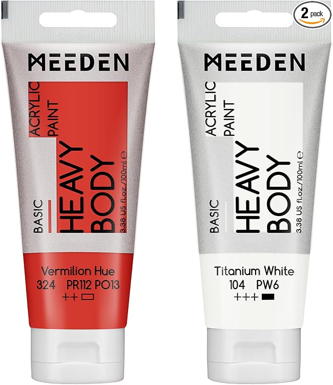 MEEDEN Acrylic Paint Vermilion Hue: 100ml/3.38oz x 2 with Titanium White | Heavy Body Artist Acrylic Paint Set for Canvas, Wood & Craft, Non-toxic Creamy Art Paint with Titanium White for Mixing