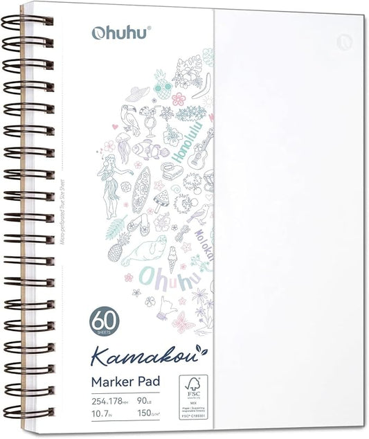 Ohuhu 7"x10" Double-Sided Bleedproof Marker Pad Art Sketchbook 60 Sheets | Large Sketch Book - 90 LB/150 GSM Smooth Drawing Paper - 60 Sheets/120 Pages - Spiral-Bound Sketch Pad for Alcohol Markers