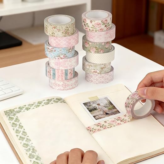 12 Rolls Floral Washi Tape Set,Vintage Pink,Rose | Watercolor Flowers Design for Scrapbook Journal DIY Craft School Supplies, 15 mm Vintage Decorative Masking Washi Tapes