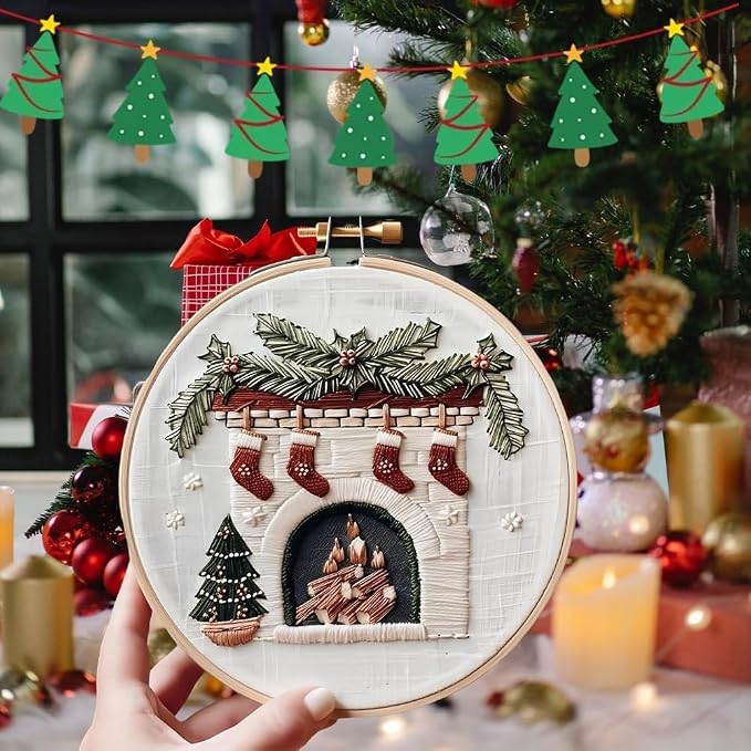 YOUDRN Christmas Embroidery Kits, Fireplaces Embroidery Kits for Adults