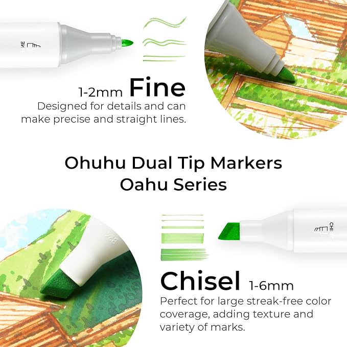 Ohuhu Alcohol Markers Double Tipped Art Marker Set for Artists Adults Coloring Sketch Illustration - Chisel & Fine - 100 Colors - Oahu of Ohuhu Markers - Refillable - AP Certificated | AP Certified Art Marker, Dual Tips Alcohol-based for Artists Beginn...