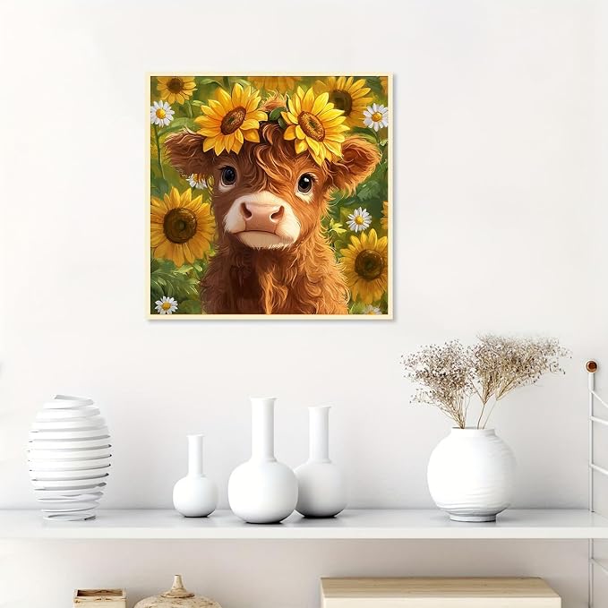 MBNTJHT Highland Cow Paint by Numbers Kit for Adults,Cute Cow and Flowers Paint by Number Kits on Unframed Canvas,DIY Watercolor Acrylic Art Painting Kits for Home Decor Gifts 16X16 Inch.