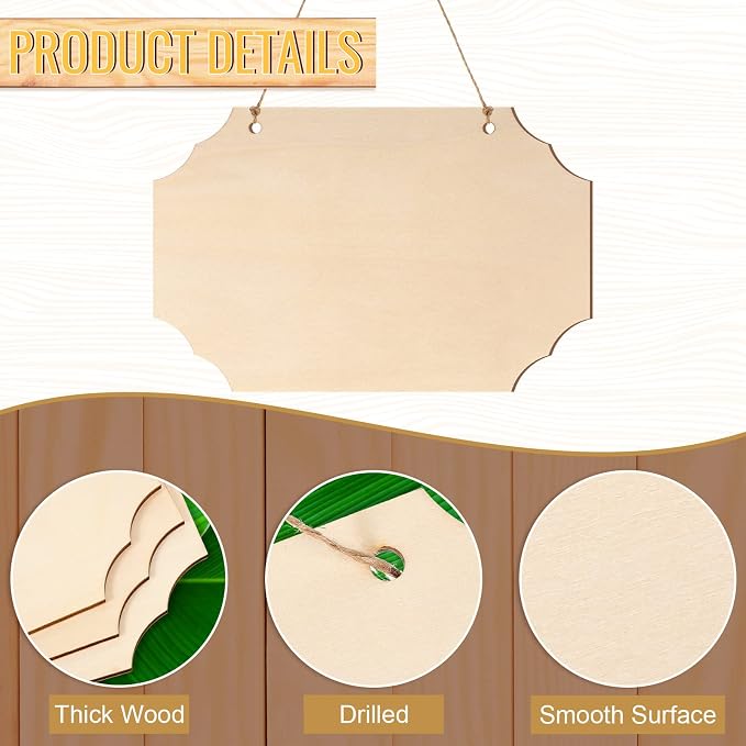 60 Pcs Unfinished Wood Sign Blank for Crafts Wooden Plaque Hanging Rectangle Sign Slices Banners Ornament for DIY Painting Writing 9 x 5.91 Inch