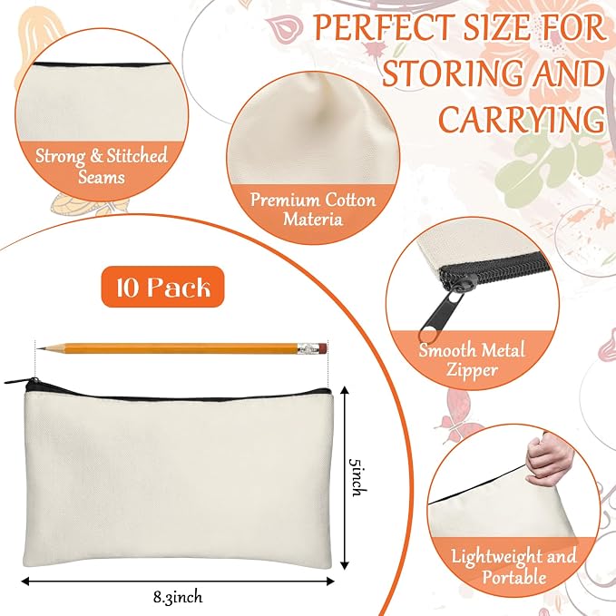 Legigo Blank Canvas Bags Zipper Pouch Makeup Bags Pencil Pouch Bulk | Multi-Purpose, Sturdy Canvas Pouch with Zipper, Cosmetic Travel Toiletry Bag for DIY Crafts, Gifts & Storage, 8.3 x 5 Inch