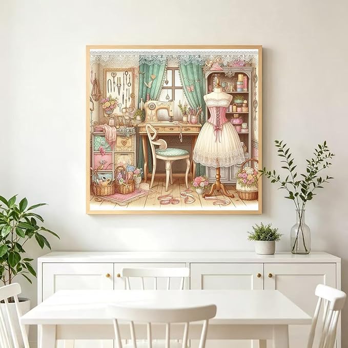 Accompany Wind Sewing Room Diamond Art Kits for Adults, Sewing Machine Diamond Painting Kits for Beginners,5D DIY Round Full Drill Diamonds Gem Art Crafts for Home Wall Decor Gifts 14x14 Inch