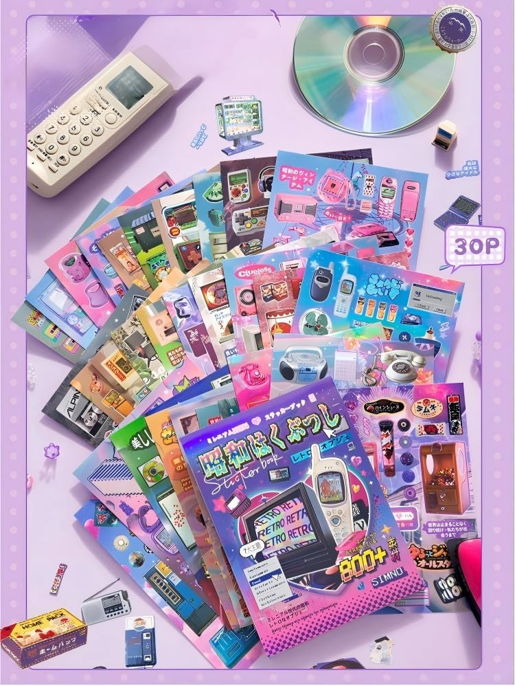 Japanese Retro Sticker Book, 800 Cartoon Stickers Book with Art Coated Paper Creative Activity Stickers for Adults, DIY Scrapbooking Phone Cases Laptops Party Gifts (Y2k)