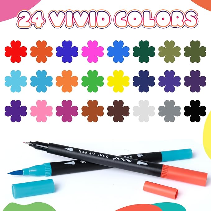 Nicecho 24 Colors Dual Tip Art Markers Pens for Adult Coloring Books | Brush and Fineliner Tip Art Suppliers for Journaling Note Taking Lettering